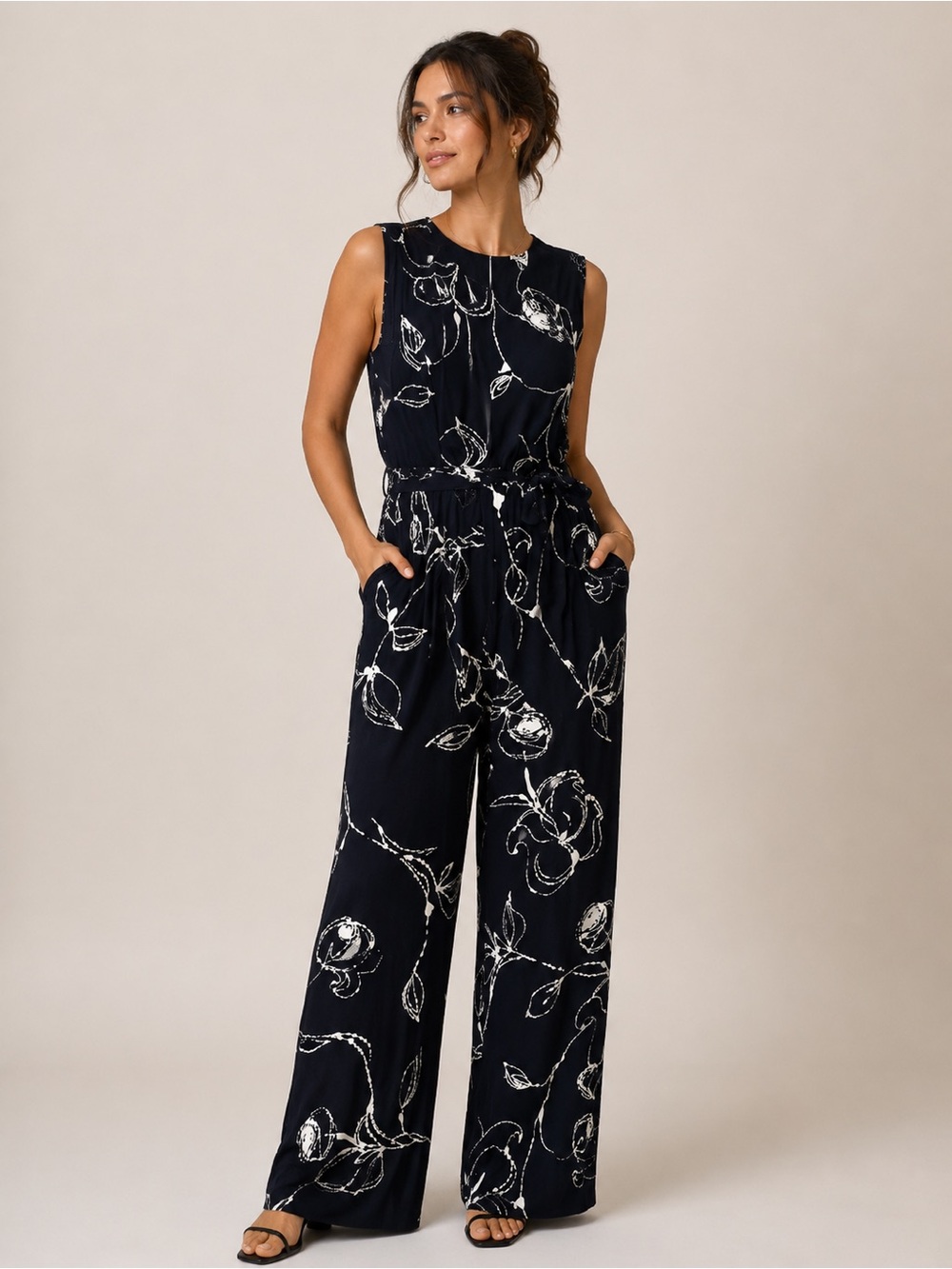 Anne Klein Sleeveless Floral‎ Wide-Leg Jumpsuit